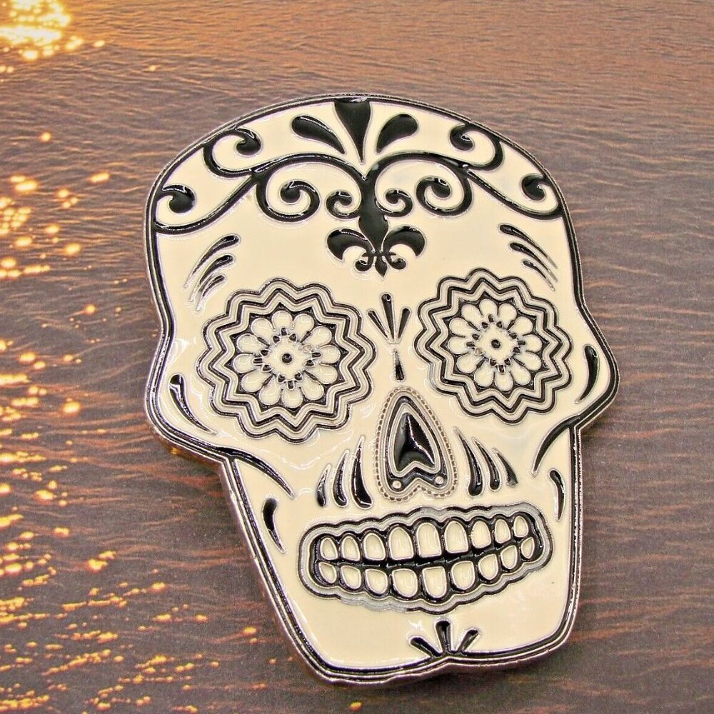 Black White Sugar Skull Belt Buckle Metal Streetwear Day of Dead Floral Mexico